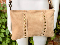 Crossbody bag. Camel beige boho suede leather purse with bronze color tacks Genuine suede leather messenger bag. Tan beige crossbody bag