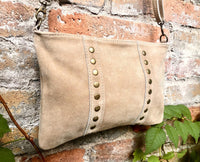 Crossbody bag. Camel beige boho suede leather purse with bronze color tacks Genuine suede leather messenger bag. Tan beige crossbody bag