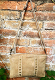 Crossbody bag. Camel beige boho suede leather purse with bronze color tacks Genuine suede leather messenger bag. Tan beige crossbody bag