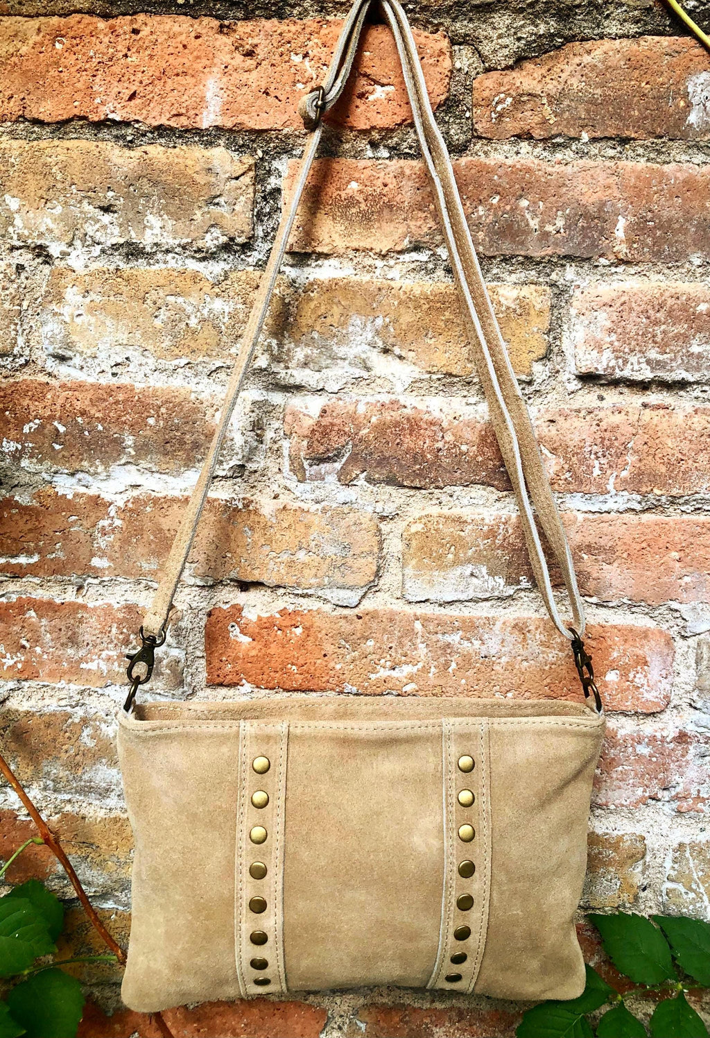 Crossbody bag. Camel beige boho suede leather purse with bronze color tacks Genuine suede leather messenger bag. Tan beige crossbody bag