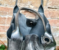 Shoulder leather bag in SILVER. GENUINE leather shopper bag. Large carry all bag for your laptop, books. Metallic SILVER leather purse