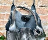 Shoulder leather bag in SILVER. GENUINE leather shopper bag. Large carry all bag for your laptop, books. Metallic SILVER leather purse