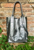 Shoulder leather bag in SILVER. GENUINE leather shopper bag. Large carry all bag for your laptop, books. Metallic SILVER leather purse