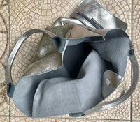 Shoulder leather bag in SILVER. GENUINE leather shopper bag. Large carry all bag for your laptop, books. Metallic SILVER leather purse