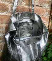 Tote leather bag in SILVER. GENUINE leather shopper with ZIPPER. Large carry all bag for your laptop, books. Metallic leather shopper