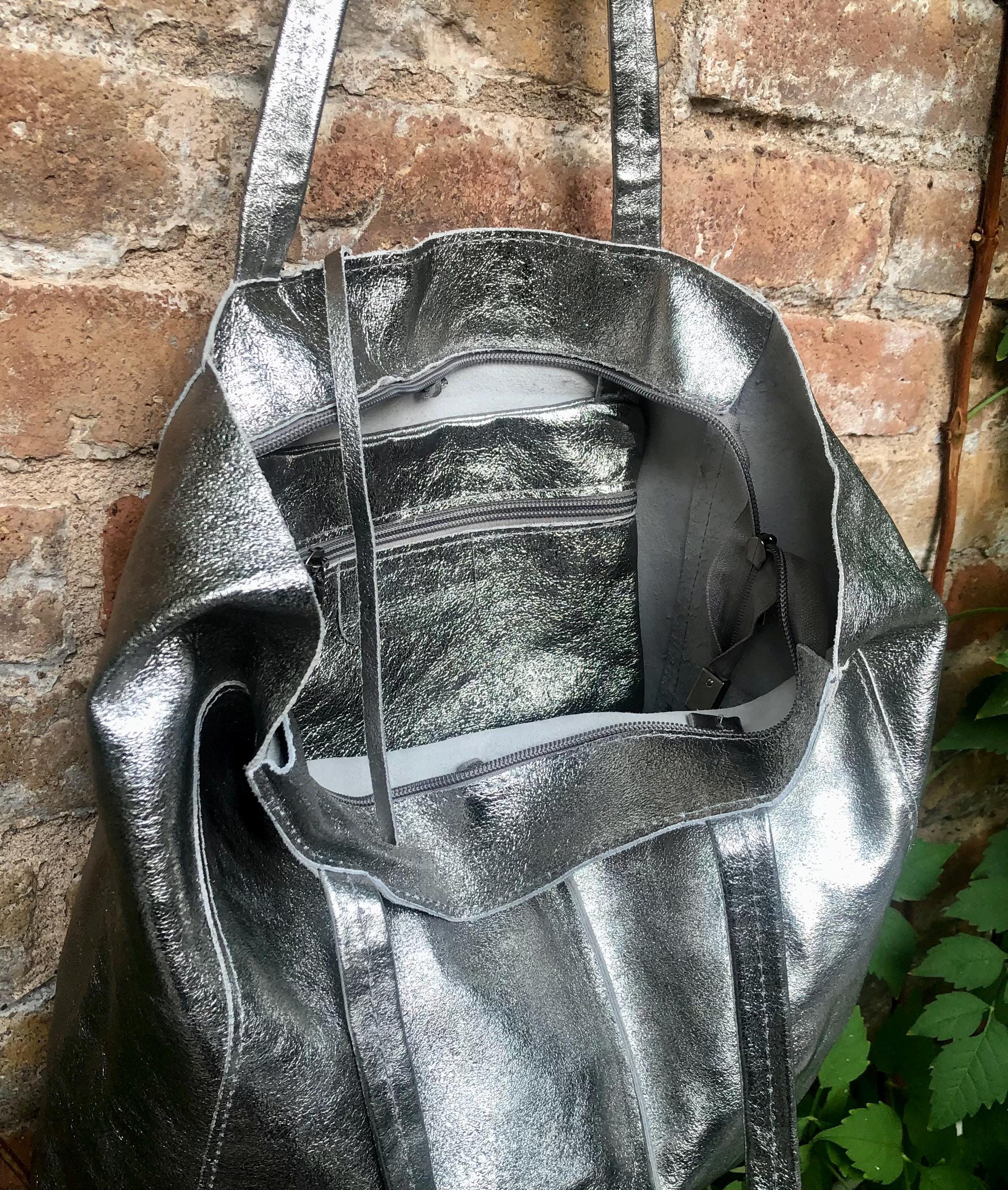 Tote leather bag in SILVER. GENUINE leather shopper with ZIPPER. Large carry all bag for your laptop, books. Metallic leather shopper