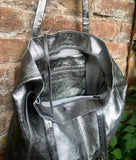Tote leather bag in SILVER. GENUINE leather shopper with ZIPPER. Large carry all bag for your laptop, books. Metallic leather shopper
