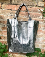 Shoulder leather bag in SILVER. Genuine leather shopper bag. Large carry all bag for your laptop, books. LINED metallic SILVER leather purse