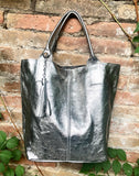 Shoulder leather bag in SILVER. Genuine leather shopper bag. Large carry all bag for your laptop, books. LINED metallic SILVER leather purse