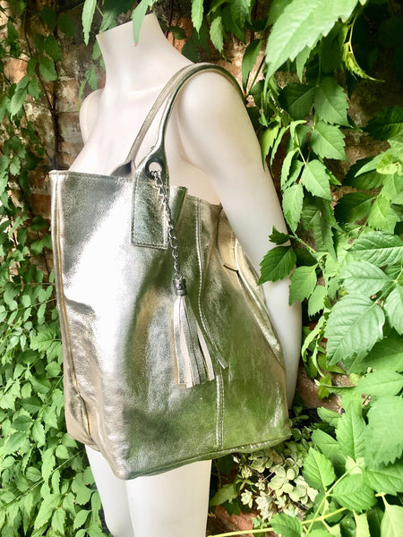 GOLD color shoulder leather bag. GENUINE leather shopper bag. Large LINED carry all bag for your laptop, books. Metallic gold leather purse