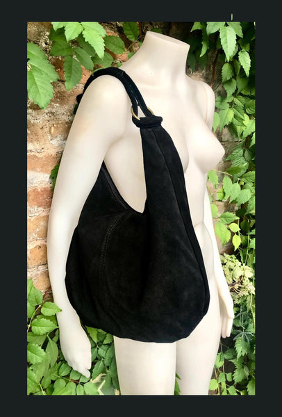 BLACK suede slouchy bag with ZIPPER + lining. Soft natural suede shopper, genuine leather bag. BLACK suede purse . Hobo black suede purse.