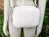 Small leather bag in white. Crossbody / shoulder bag in white GENUINE leather. Adjustable strap, zipper. White leather purse with tassel.