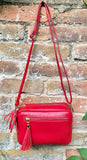 Small red leather bag. GENUINE leather shoulder / cross body bag. Bright red leather purse with tassels, adjustable strap and zipper.