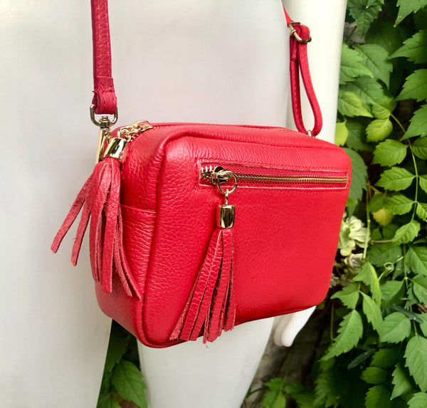 Small red leather bag. GENUINE leather shoulder / cross body bag. Bright red leather purse with tassels, adjustable strap and zipper.