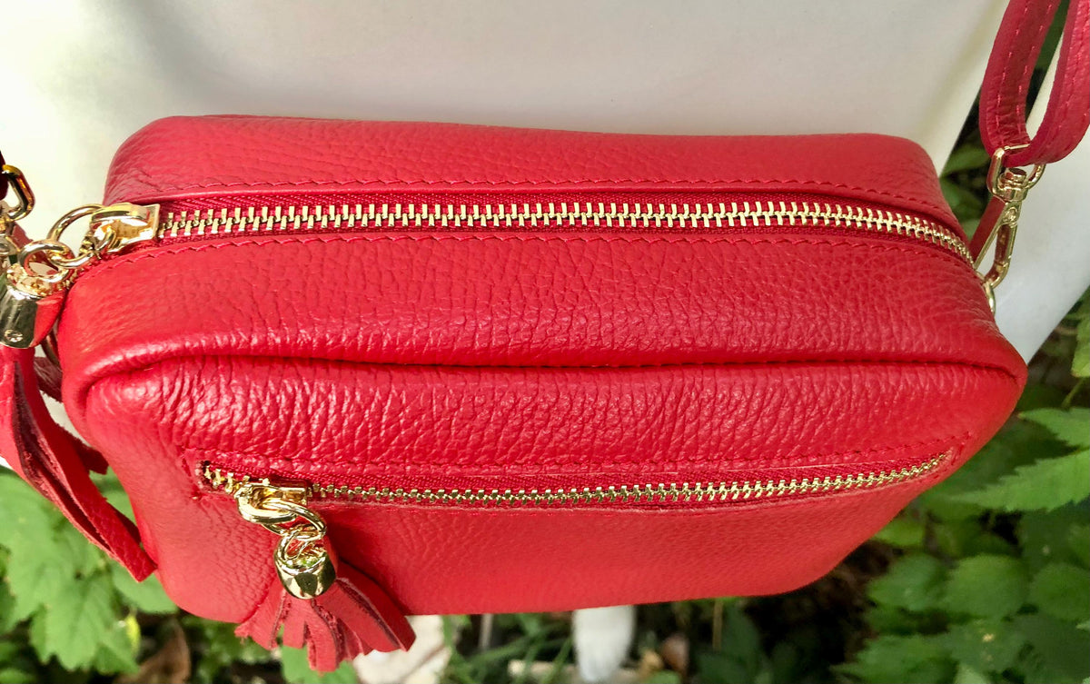 Small red leather bag. GENUINE leather shoulder / cross body bag. Bright red leather purse with tassels, adjustable strap and zipper.