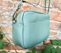 Small sage green leather bag. GENUINE leather shoulder / cross body bag. Light green leather purse with tassels, adjustable strap and zipper