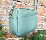 Small sage green leather bag. GENUINE leather shoulder / cross body bag. Light green leather purse with tassels, adjustable strap and zipper
