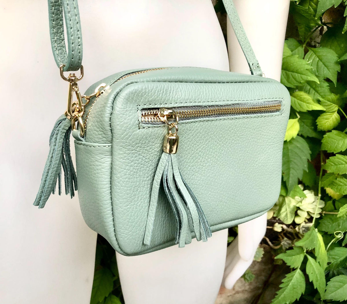 Small sage green leather bag. GENUINE leather shoulder / cross body bag. Light green leather purse with tassels, adjustable strap and zipper