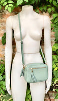 Small sage green leather bag. GENUINE leather shoulder / cross body bag. Light green leather purse with tassels, adjustable strap and zipper