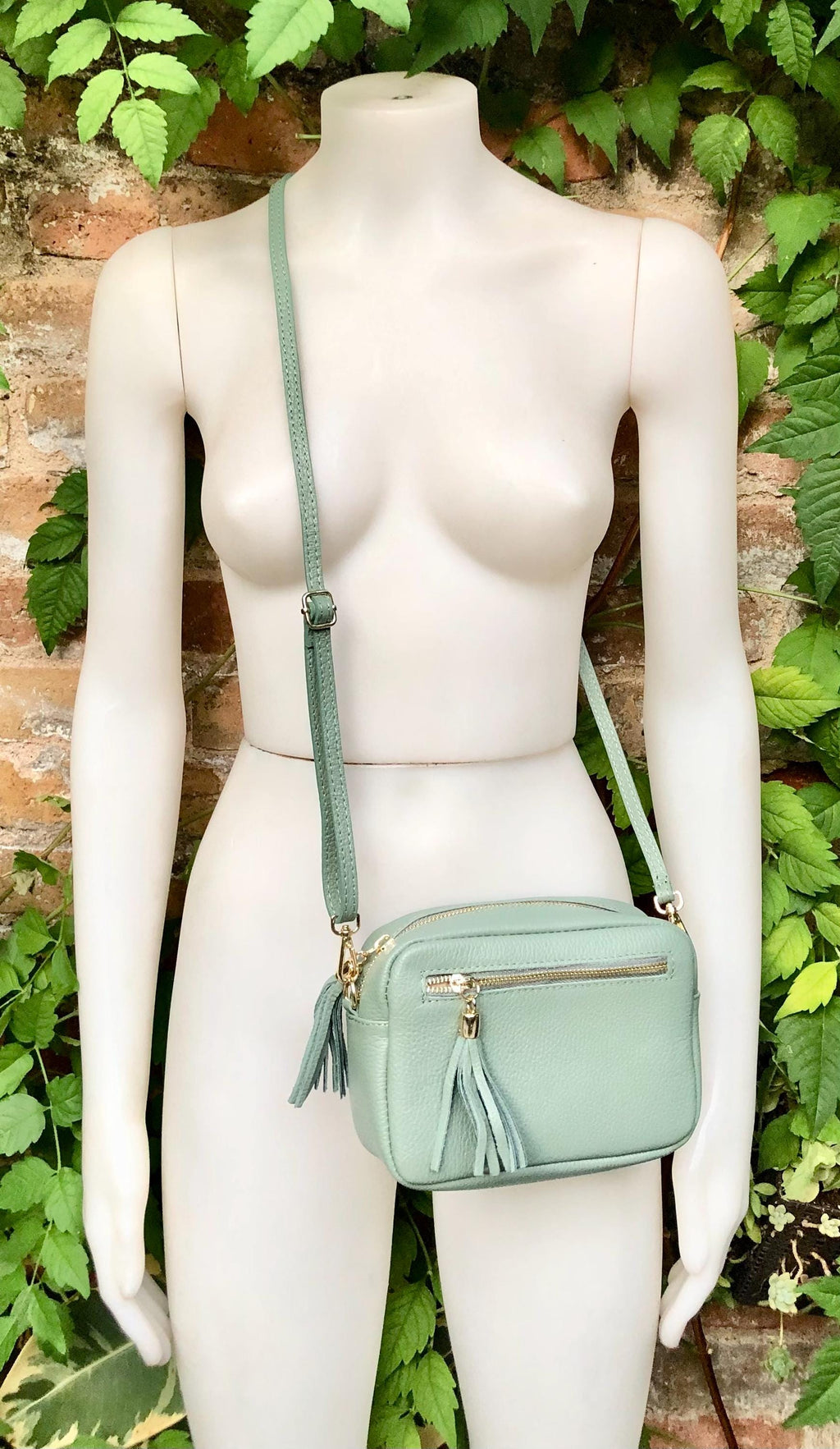 Small sage green leather bag. GENUINE leather shoulder / cross body bag. Light green leather purse with tassels, adjustable strap and zipper