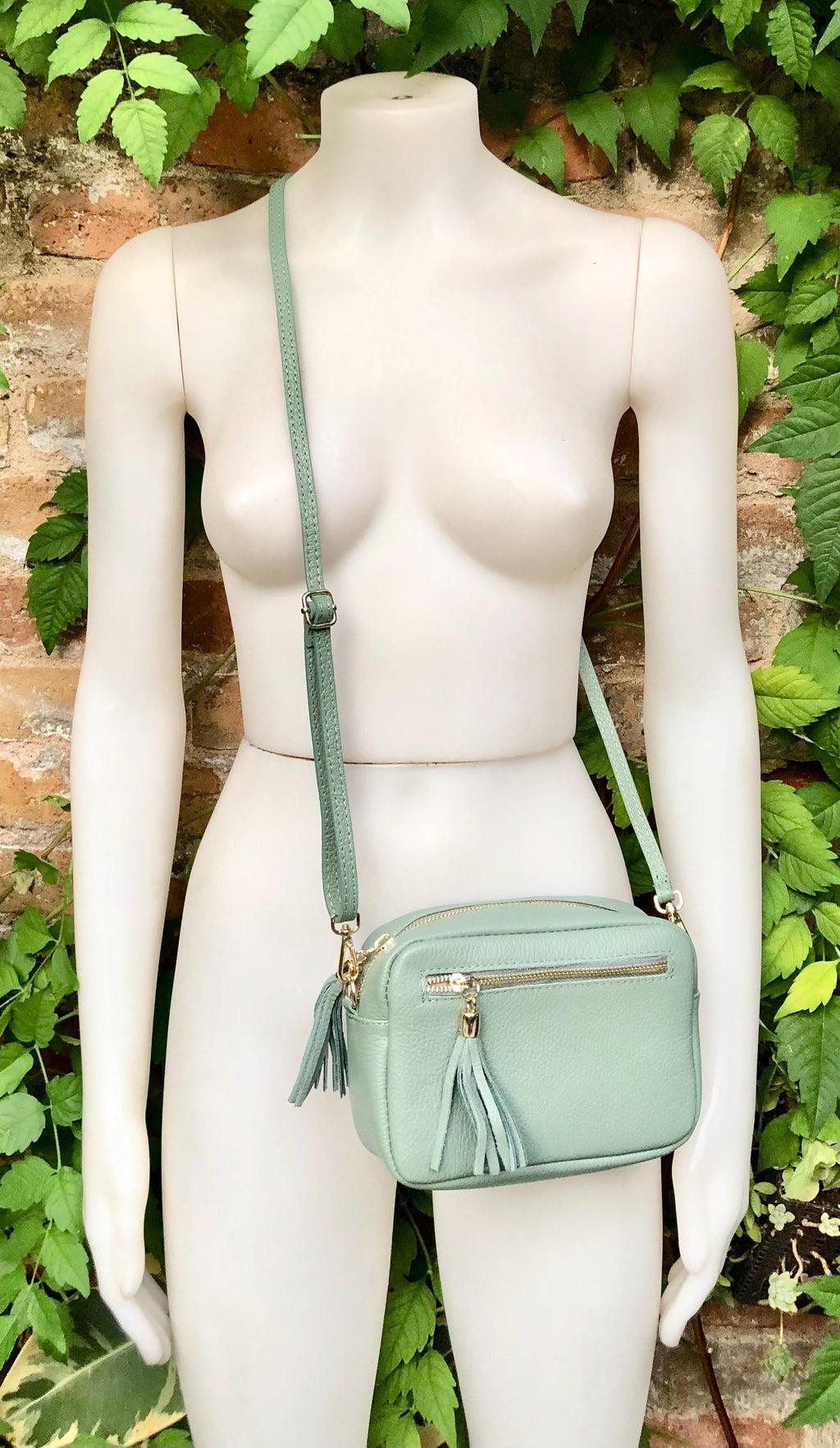 Small sage green leather bag. GENUINE leather shoulder / cross body bag. Light green leather purse with tassels, adjustable strap and zipper