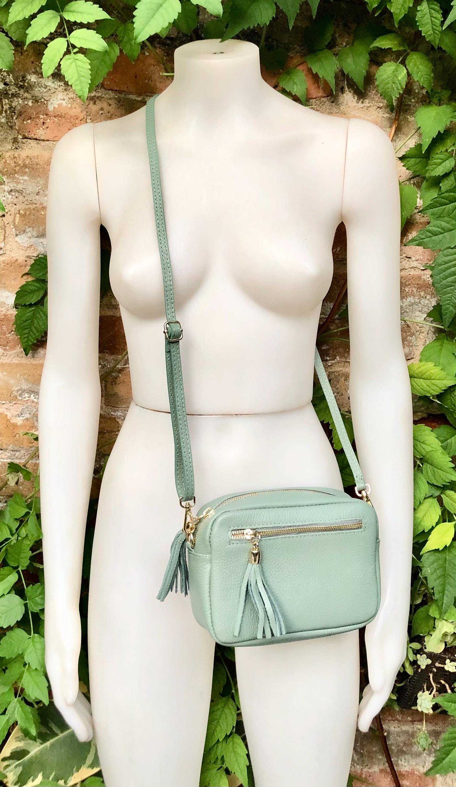 Small sage green leather bag. GENUINE leather shoulder / cross body bag. Light green leather purse with tassels, adjustable strap and zipper
