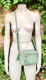 Small sage green leather bag. GENUINE leather shoulder / cross body bag. Light green leather purse with tassels, adjustable strap and zipper