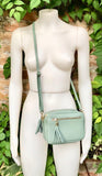 Small sage green leather bag. GENUINE leather shoulder / cross body bag. Light green leather purse with tassels, adjustable strap and zipper