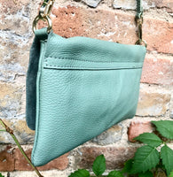 Small leather bag in sage green. GENUINE leather cross body / shoulder bag in light green leather bag with adjustable strap, zipper and flap
