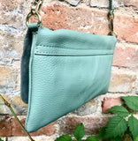 Small leather bag in sage green. GENUINE leather cross body / shoulder bag in light green leather bag with adjustable strap, zipper and flap