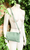 Small leather bag in sage green. GENUINE leather cross body / shoulder bag in light green leather bag with adjustable strap, zipper and flap