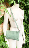 Small leather bag in sage green. GENUINE leather cross body / shoulder bag in light green leather bag with adjustable strap, zipper and flap