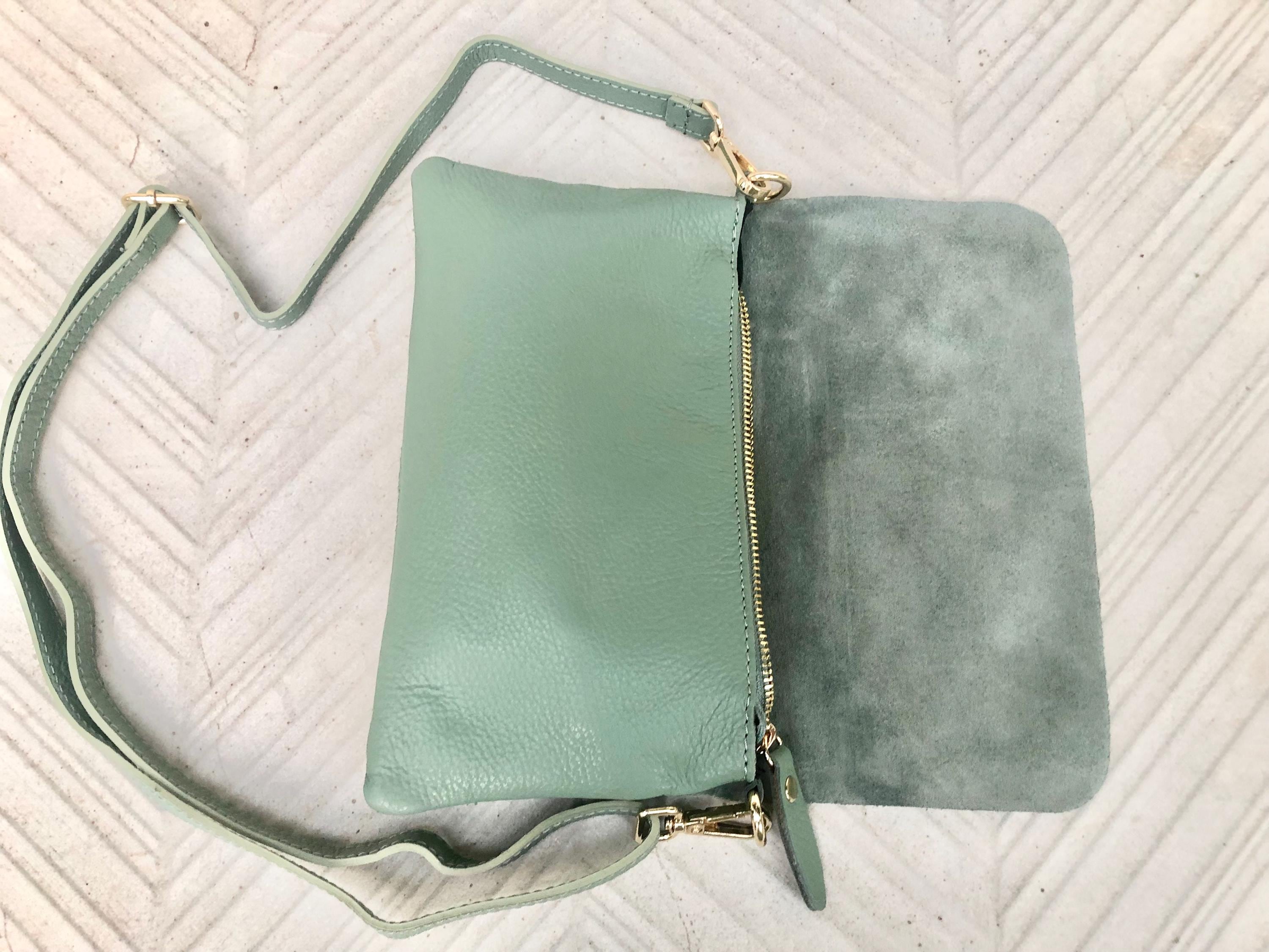 Small leather bag in sage green. GENUINE leather cross body / shoulder bag in light green leather bag with adjustable strap, zipper and flap