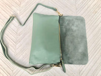 Small leather bag in sage green. GENUINE leather cross body / shoulder bag in light green leather bag with adjustable strap, zipper and flap