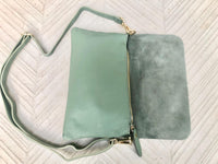 Small leather bag in sage green. GENUINE leather cross body / shoulder bag in light green leather bag with adjustable strap, zipper and flap