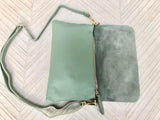Small leather bag in sage green. GENUINE leather cross body / shoulder bag in light green leather bag with adjustable strap, zipper and flap