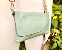 Small leather bag in sage green. GENUINE leather cross body / shoulder bag in light green leather bag with adjustable strap, zipper and flap