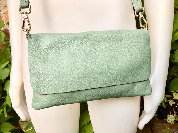 Small leather bag in sage green. GENUINE leather cross body / shoulder bag in light green leather bag with adjustable strap, zipper and flap