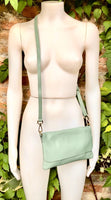 Small leather bag in sage green. GENUINE leather cross body / shoulder bag in light green leather bag with adjustable strap, zipper and flap