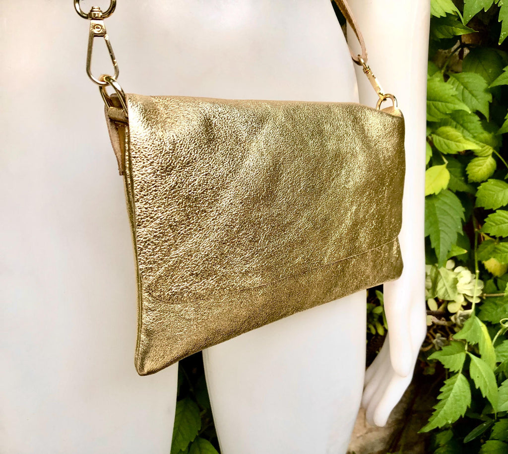 Small leather bag in GOLD. Cross body bag, shoulder bag in GENUINE leather. Metallic shine bag with adjustable strap, zipper and flap.