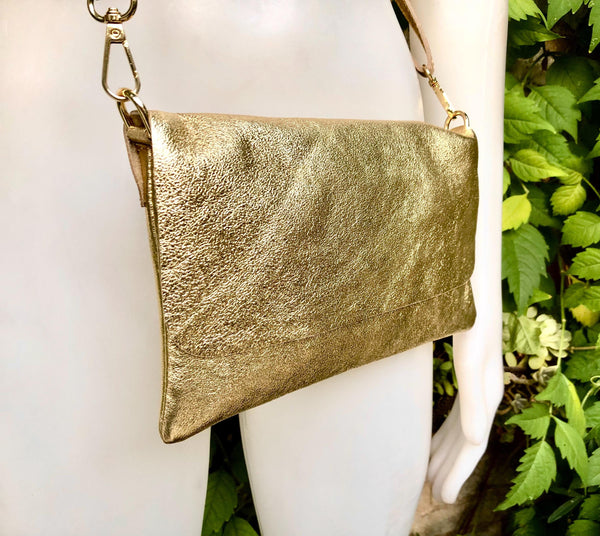 Small leather bag in GOLD. Cross body bag, shoulder bag in GENUINE leather. Metallic shine bag with adjustable strap, zipper and flap.