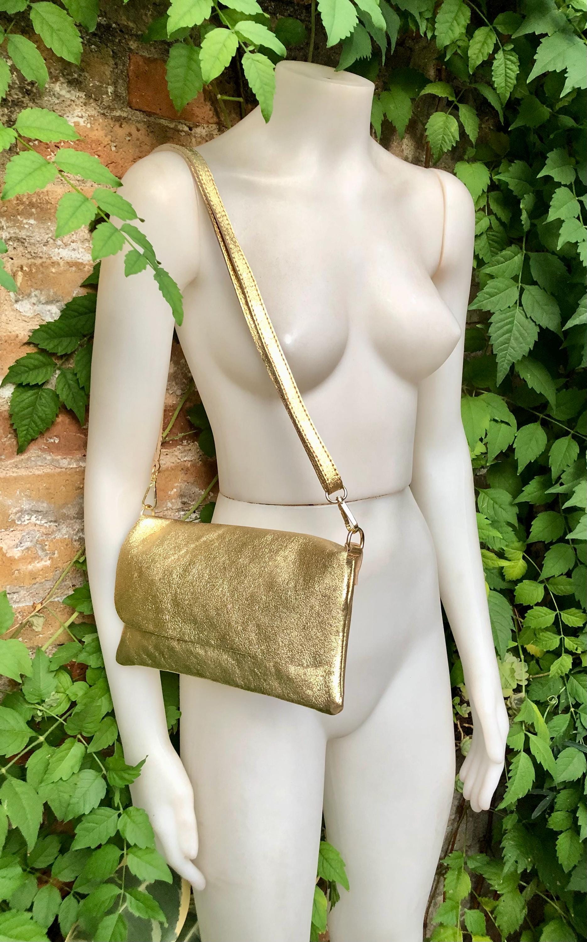 Small leather bag in GOLD. Cross body bag, shoulder bag in GENUINE leather. Metallic shine bag with adjustable strap, zipper and flap.