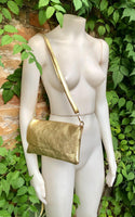 Small leather bag in GOLD. Cross body bag, shoulder bag in GENUINE leather. Metallic shine bag with adjustable strap, zipper and flap.