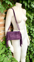 Small purple crossbody fringed bag. BOHO suede leather bag with FRINGES. Lilac genuine suede leather. Mauve suede purse. Medium purple suede