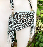 Cheetah print crossbody fringed bag.Small BOHO suede leather bag with FRINGES. Mint blue genuine suede leather.Animal print blue suede purse