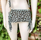 Cheetah print crossbody fringed bag.Small BOHO suede leather bag with FRINGES. Mint blue genuine suede leather.Animal print blue suede purse