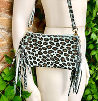 Cheetah print crossbody fringed bag.Small BOHO suede leather bag with FRINGES. Mint blue genuine suede leather.Animal print blue suede purse