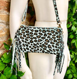 Cheetah print crossbody fringed bag.Small BOHO suede leather bag with FRINGES. Mint blue genuine suede leather.Animal print blue suede purse