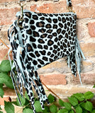 Cheetah print crossbody fringed bag.Small BOHO suede leather bag with FRINGES. Mint blue genuine suede leather.Animal print blue suede purse