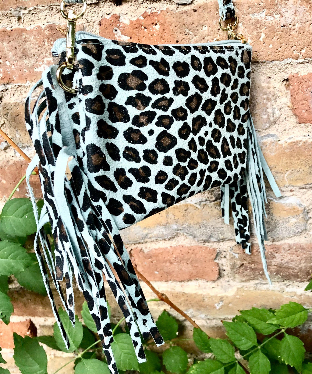 Cheetah print crossbody fringed bag.Small BOHO suede leather bag with FRINGES. Mint blue genuine suede leather.Animal print blue suede purse